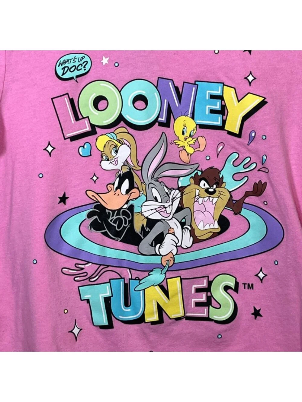 Looney Tunes Girls Pink Bugs Bunny Daffy Taz Graphic T-Shirt Kids Size L
